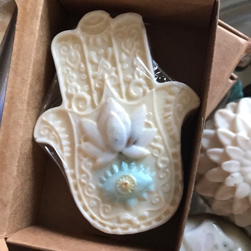 Magical mystery soap!Elegant Cream and Blue Hamsa crafted with mystery crystals